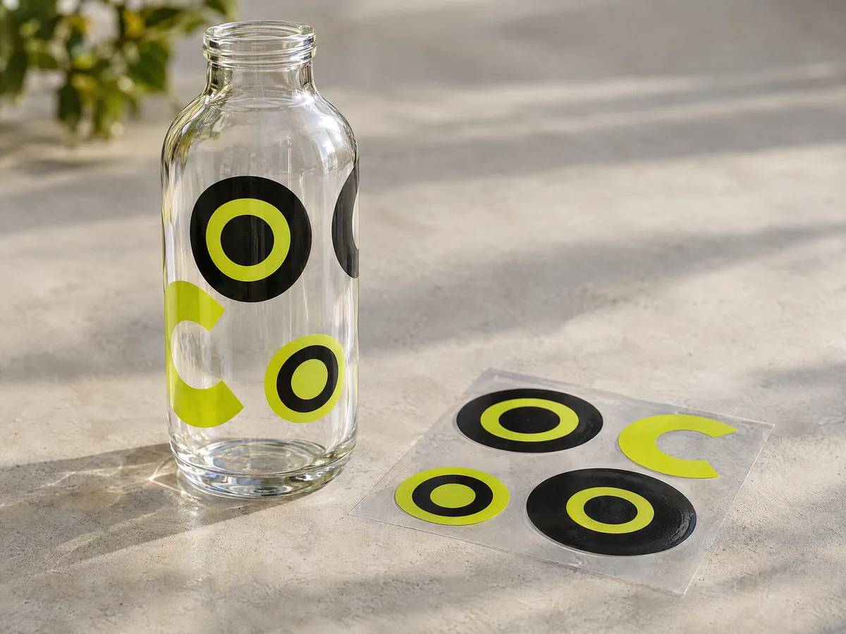 Clear die cut vinyl stickers with circular shapes on a glass bottle and a sticker sheet.