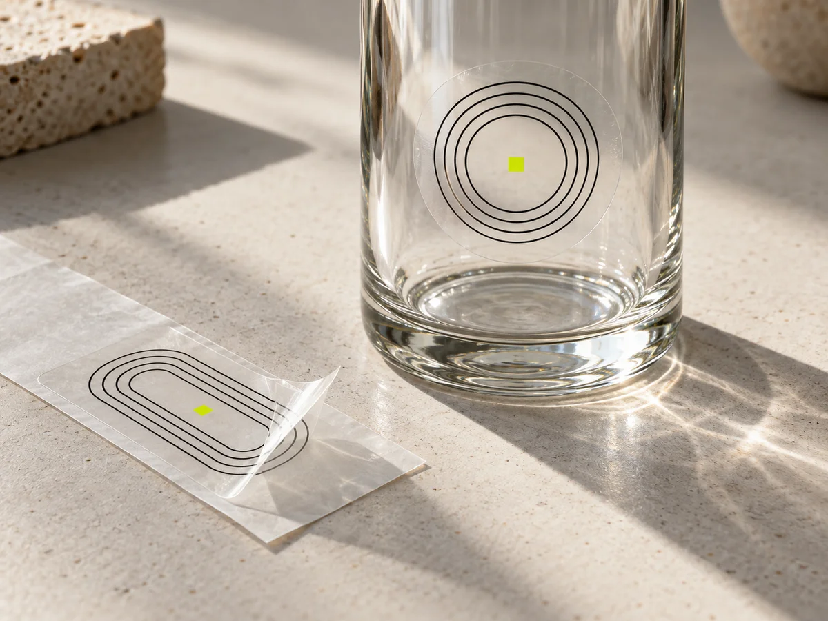 AI concept of transparent printed film on a glass bottle and release liner