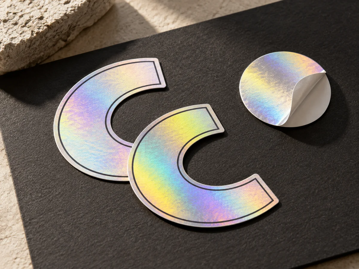 AI concept of thin holographic stickers reflecting pale color under angled light