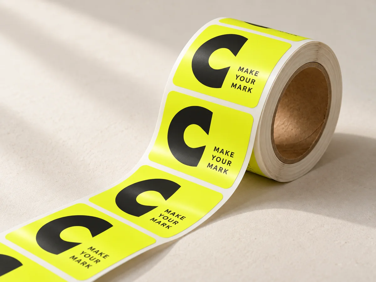 AI concept of printed labels on a roll with a cardboard core and exposed liner