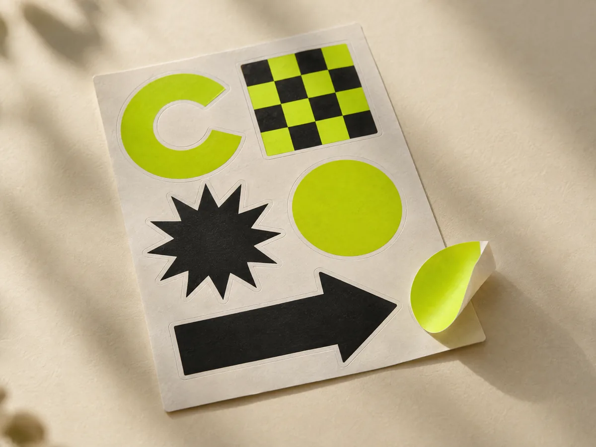 A kiss cut sheet of assorted shaped stickers with one sticker peeling off.