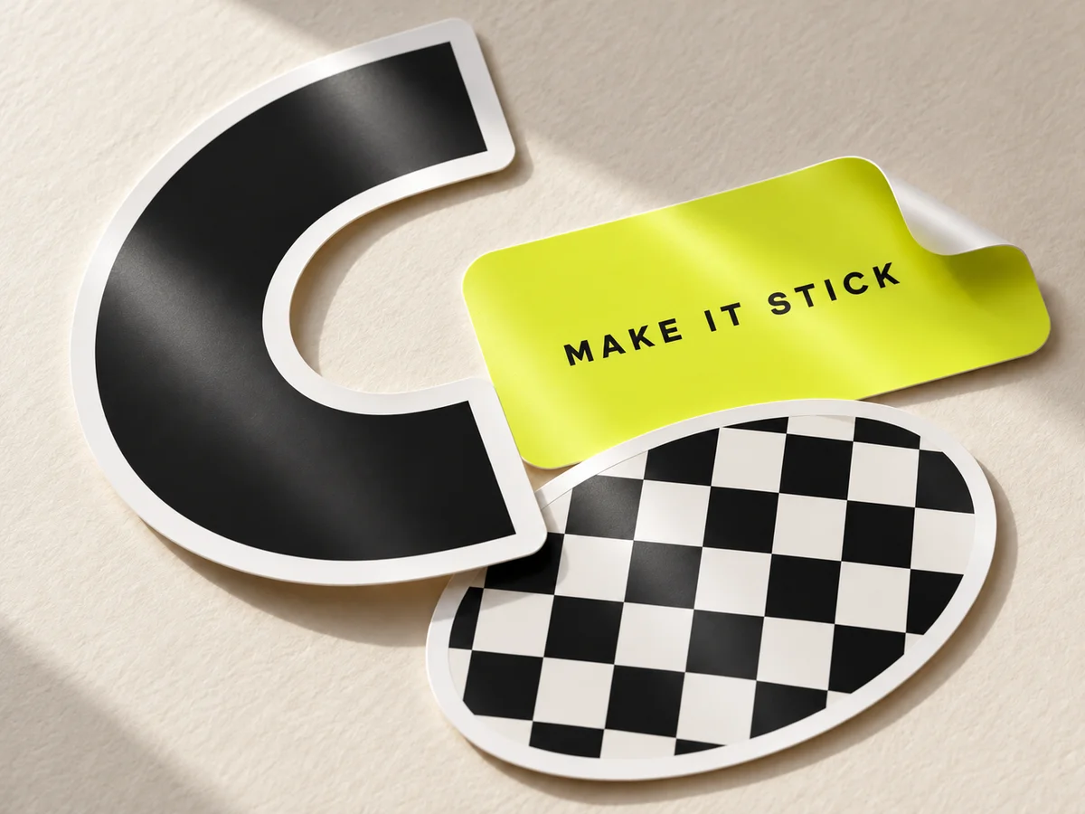 AI concept of white vinyl die-cut stickers with a lifted corner and white cut borders