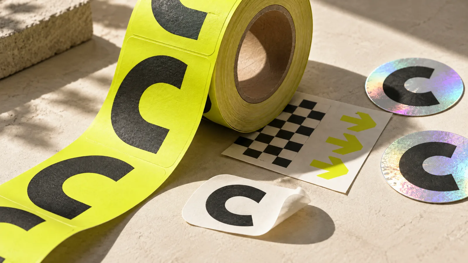AI concept of printed label rolls, a sticker sheet and loose holographic stickers on a paper workbench